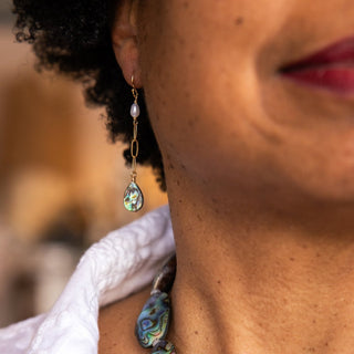 Paperclip & Pearl Drop Abalone Earrings