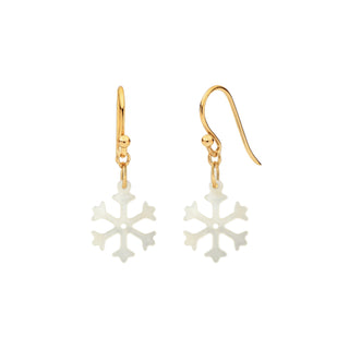 14k gold fill handmade holiday earrings with white mother of pearl snowflake charms on a white background