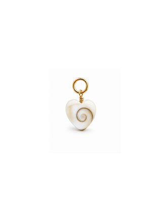 Heart shaped gold fill shiva shell charm on white background