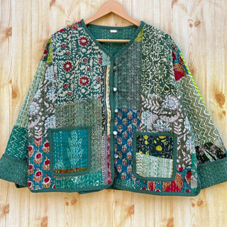 green block print quilted jacket