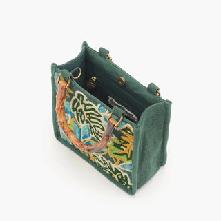 Embellished Bamboo Handle Handbag, Leopard and Monsterra Leaf