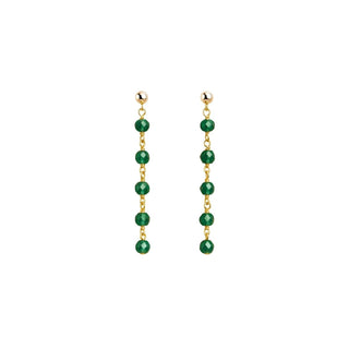 gold fill stud drop earrings with a beaded green onyx gemstone chain on white background