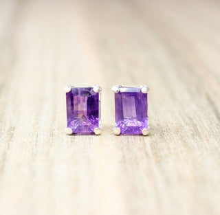 Amethyst Sterling Silver Emerald Cut Stud Earrings