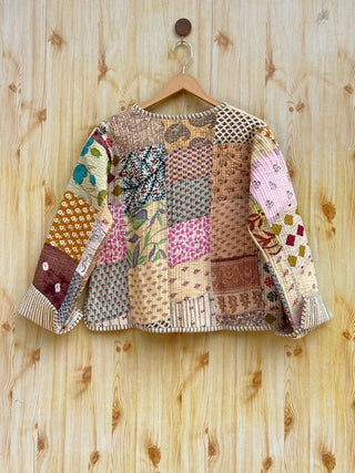 Ivory Yellow Beige Reversible Handmade Quilted Kantha Jacket