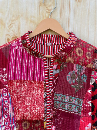 Red Kantha Fabric Reversible Handmade Block Print Quilted Jacket