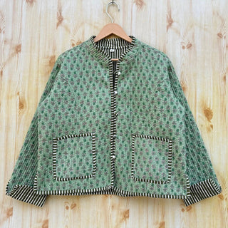 Light Green Reversible Handmade Block Print Quilted Kantha Fabric Jacket