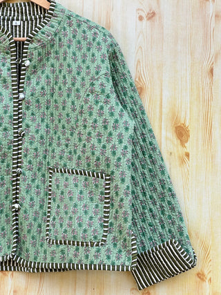 Light Green Reversible Handmade Block Print Quilted Kantha Fabric Jacket