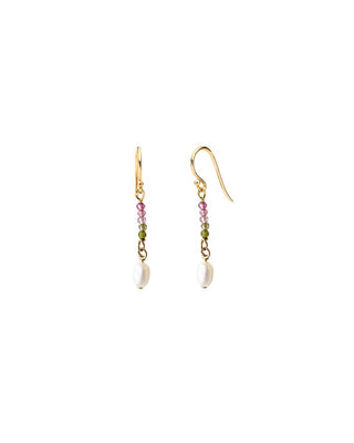 Gold earrings with pink and green tourmaline gemstones beads and tiny freshwater pearls on a white background