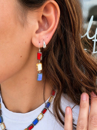 Red White & Blue Glass Rectangle Beaded Drop Earrings