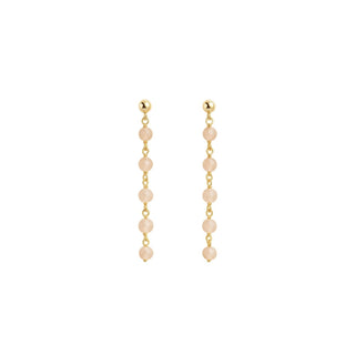 gold fill stud drop earrings with a beaded moonstone gemstone chain on white background