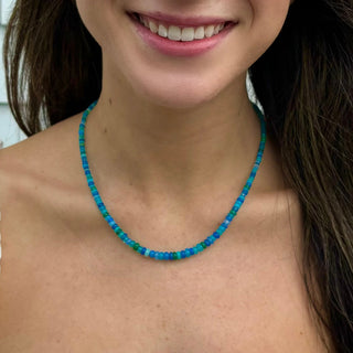 Ethiopian Opal Necklace in Ocean Blues and Paraiba Blue, Graduated Strand on a Woman