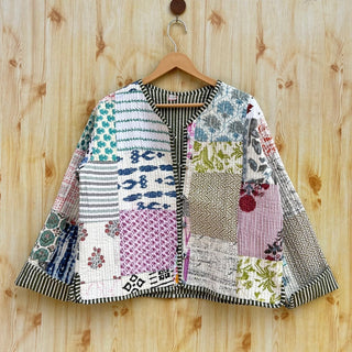 Light Multicolor Block Printed Patchwork Quilted Jacket
