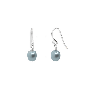 sterling silver freshwater pearl earrings in light teal on white background