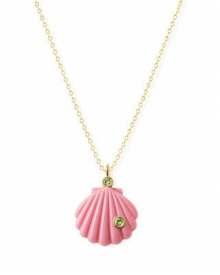 Pink Scallop shell pendant with peridot gemstones inlayed on a simple cable chain necklace on a white background 