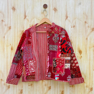 quilted red block print jacket