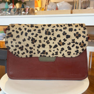 Recycled Leather Crossbody Bag, Reversible Flap, Maroon & Cheetah, Mint & Royal Blue