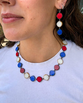 Red White & Blue Beaded Necklace, Small Circle Glass Beaded Necklace