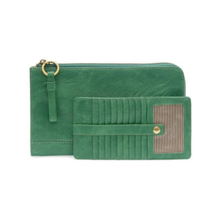 sea green wallet crossbody wristlet vegan leather 2 piece set on white background