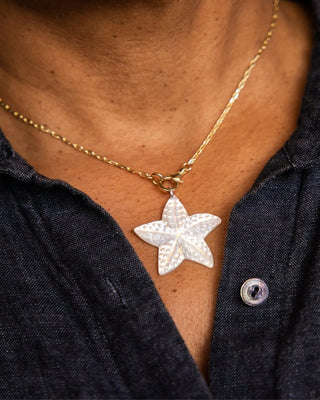 Starfish charm mother of pearl on delicate gold necklace on a womans neck