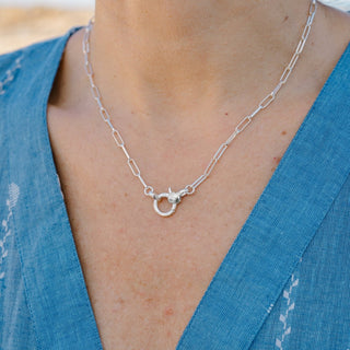 Sterling Silver Paperclip Chain Charm Necklace on neck