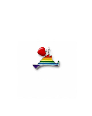 Rainbow Striped Enamel Martha's Vineyard Island with tiny red heart charm on white background in sterling silver