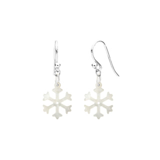 sterling silver handmade holiday earrings with white mother of pearl snowflake charms on a white background