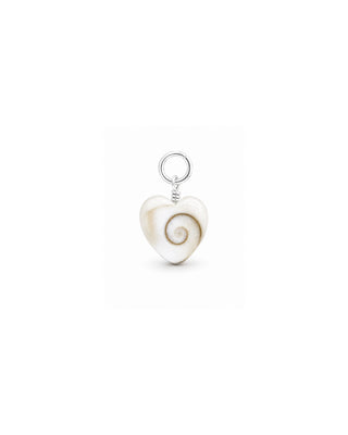 Heart shaped sterling silver shiva shell charm on white background