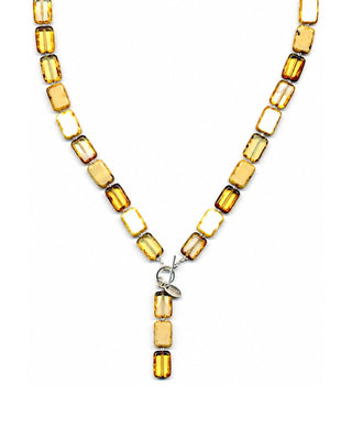 white tan and beige glass beaded necklace on a white background