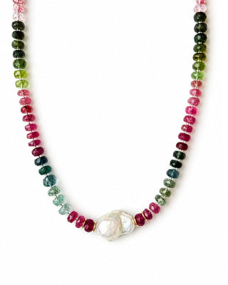 Rainbow Tourmaline &amp; Baroque Pearl Horizon Statement Necklace