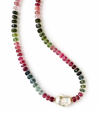 Rainbow Tourmaline &amp; Baroque Pearl Horizon Statement Necklace