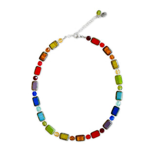 Rainbow beaded necklace choker length on white background