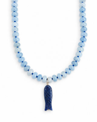 Soft Hydrangea Blue Two-Tone Smoothie Beaded Necklace with Lapis Fish Charm