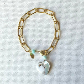Heart Shell Charm Bracelet with Opal on Gold Paperclip Chain
