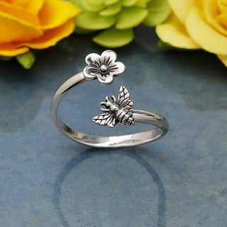 Silver Bee and Cherry Blossom Ring, Sterling Silver