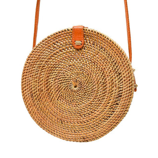 Round Rattan Crossbody Bag with Leather Strap