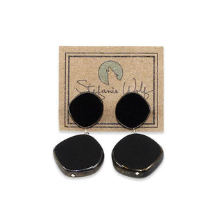Drop earrings on post, circle duo, in black