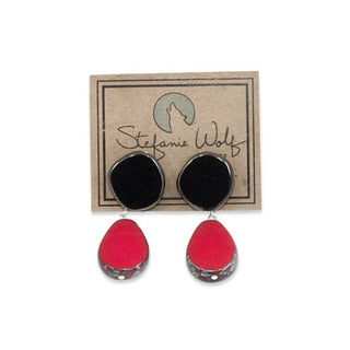 Drop earrings on post, teardrop with circle in Black and red