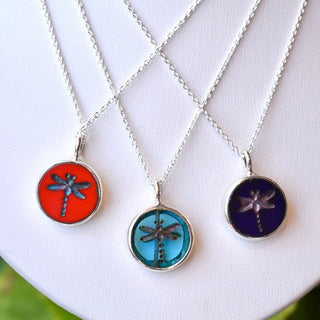 Dragonfly Symbol Glass Token Pendant Necklace, Sterling Silver