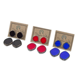 Drop earrings on post, circle duo, in black, red and deep blue.