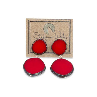 Drop earrings on post, circle duo, in red