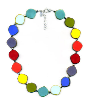 Rainbow Circle Glass Beaded Necklace White Background Sterling Silver