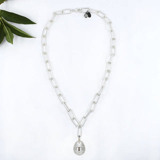Chunky Pearl Drop Necklace on Silver Paperclip Chain
