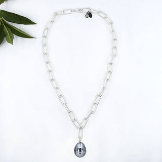 Chunky Pearl Drop Necklace on a Silver Paperclip Chain with Steel Blue Pearl