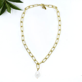 Chunky Pearl Drop Necklace on Paperclip Chain