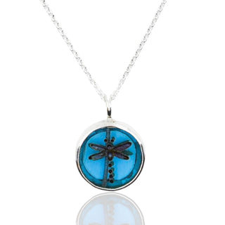 Dragonfly Symbol Glass Token Pendant Necklace, Sterling Silver