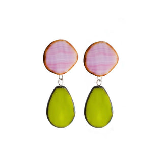 A pair of earrings featuring a circle stud with a teardrop below, in pink and green colors, with a sterling silver post and clear disc backing.