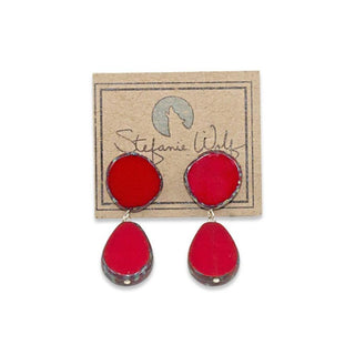 Drop earrings on post, teardrop with circle in Red
