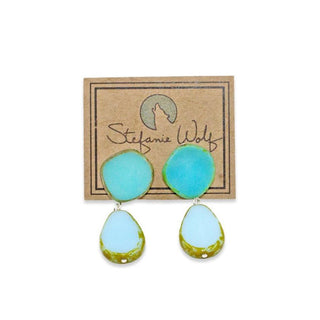 Drop earrings on post, teardrop with circle in Turquoise and sky blue