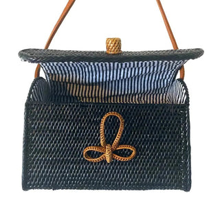 Round Rattan Crossbody Bag with Leather Strap