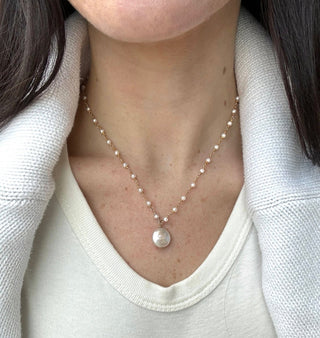 Freshwater Pearl Coin Pendant Necklace, Tiny Pearl Beaded Chain
